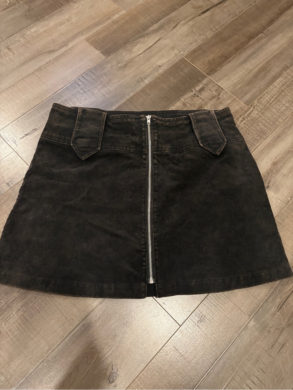 Front-Zip Black Corduroy Mini Skirt